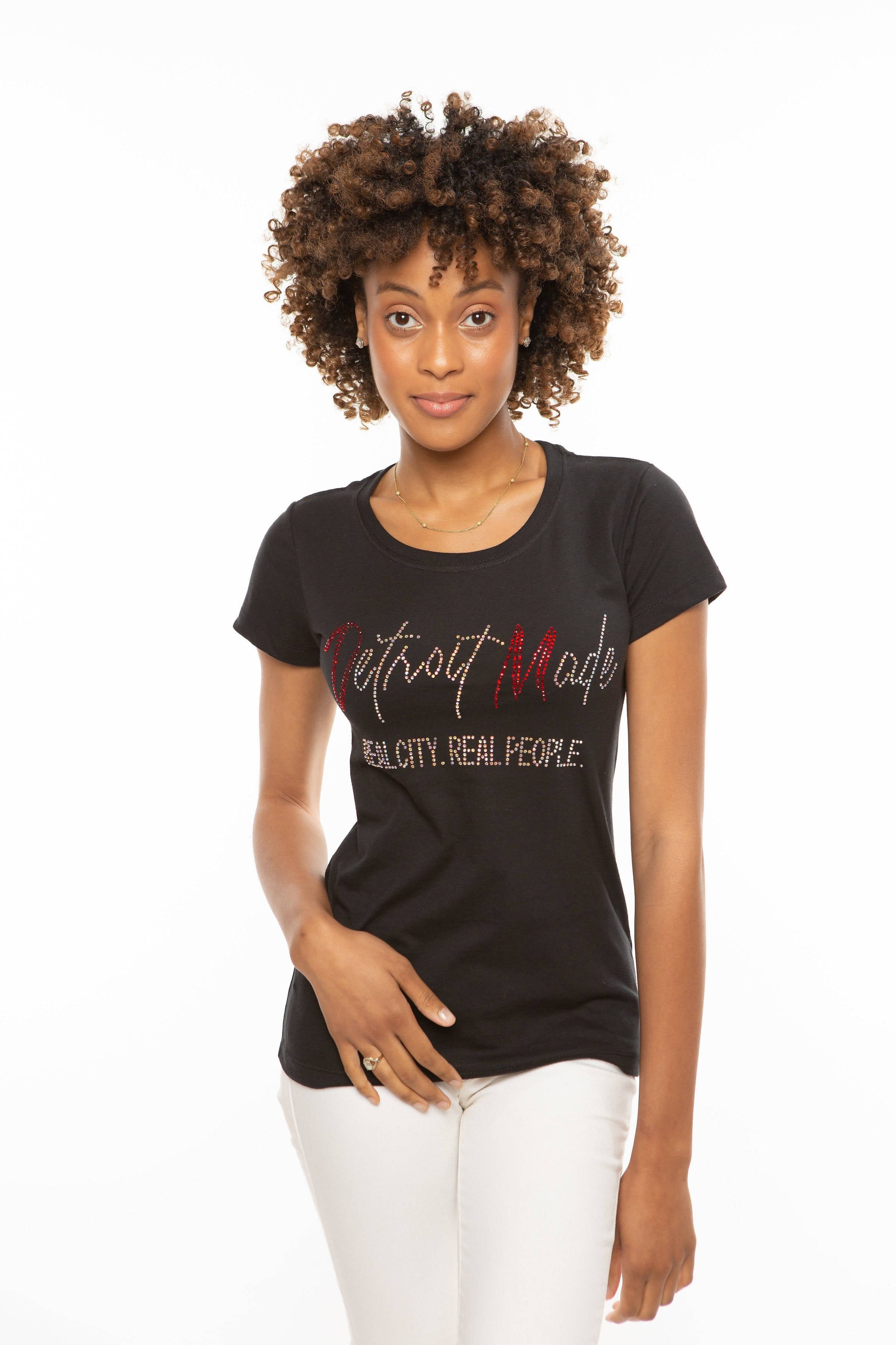 Detroit Made Women's Fitted Bling Tee - Crew Neck